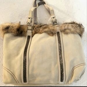Coach Genuine Cream Suede Rabbit Fur-Trim Tote Bag With Hang Tag